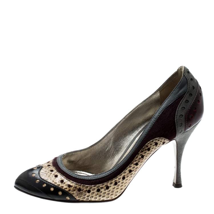 Pre Owned Dolce & Gabbana Multicolor Brogue Python Leather And Pony Hair Trim Pumps Size 39