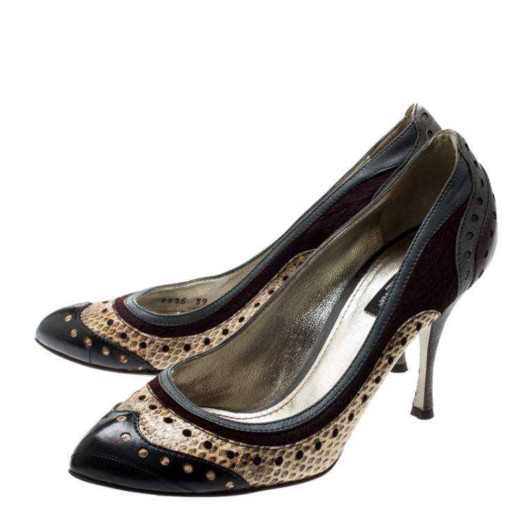Pre Owned Dolce & Gabbana Multicolor Brogue Python Leather And Pony Hair Trim Pumps Size 39