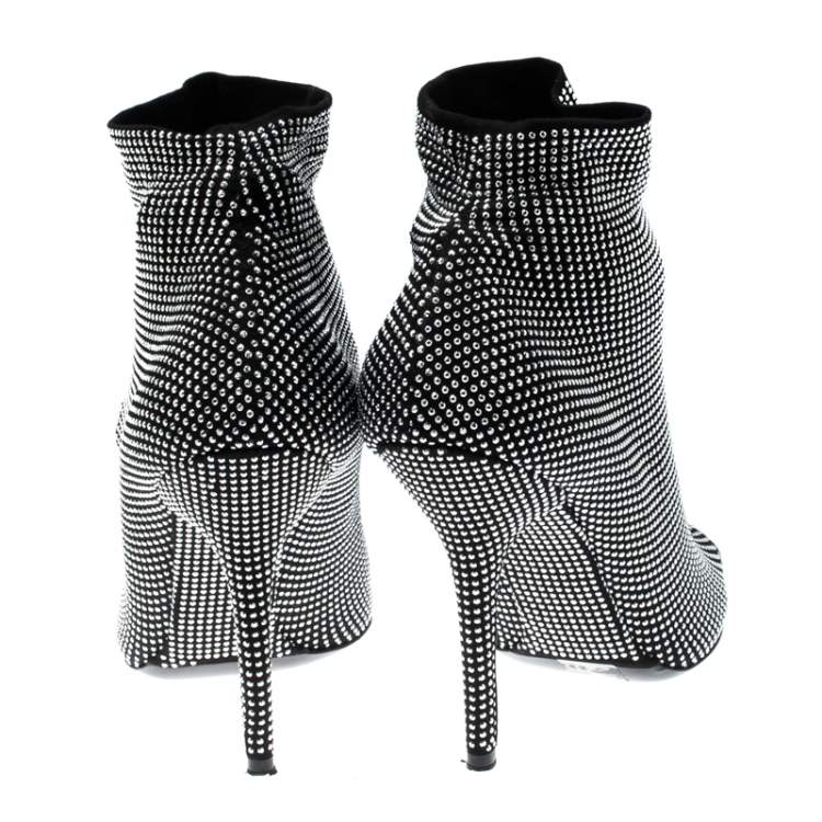 Pre Owned Dolce & Gabbana Black Fabric Embellished Open Toe Ankle Boots Size 39.5
