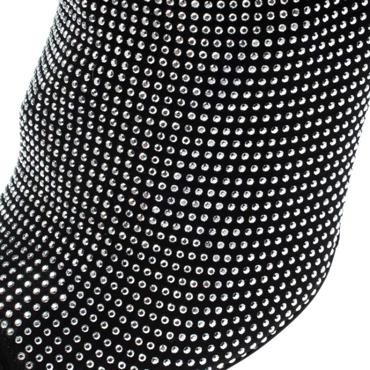 Pre Owned Dolce & Gabbana Black Fabric Embellished Open Toe Ankle Boots Size 39.5