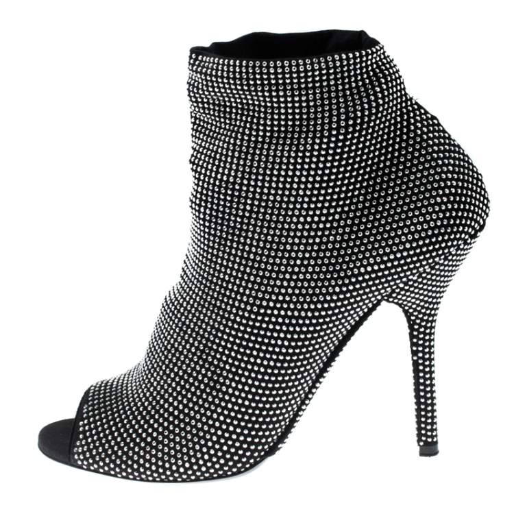 Pre Owned Dolce & Gabbana Black Fabric Embellished Open Toe Ankle Boots Size 39.5