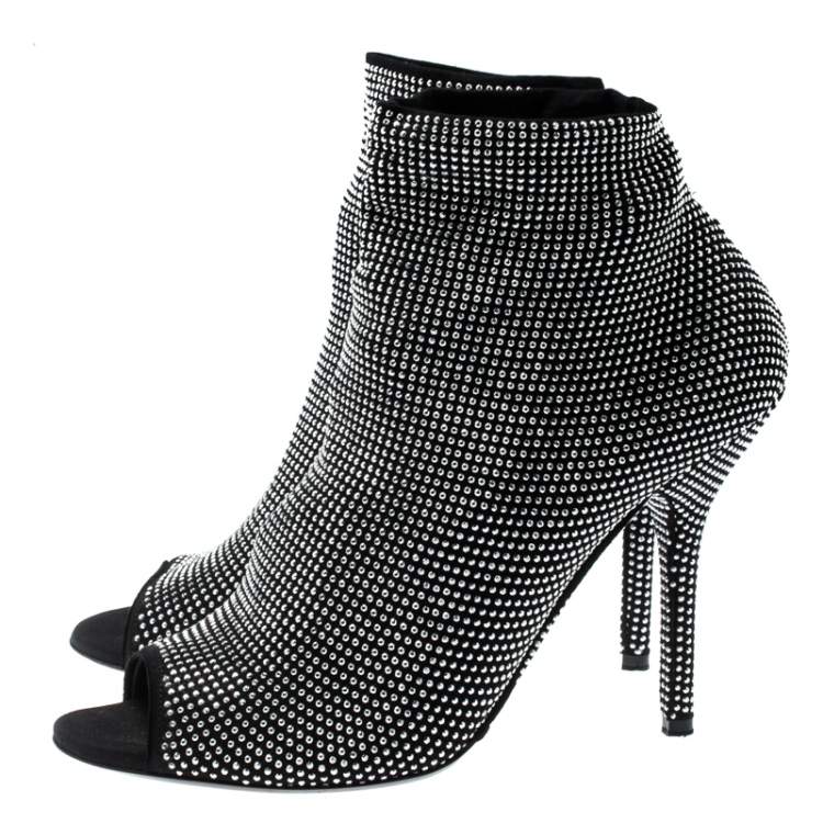 Pre Owned Dolce & Gabbana Black Fabric Embellished Open Toe Ankle Boots Size 39.5