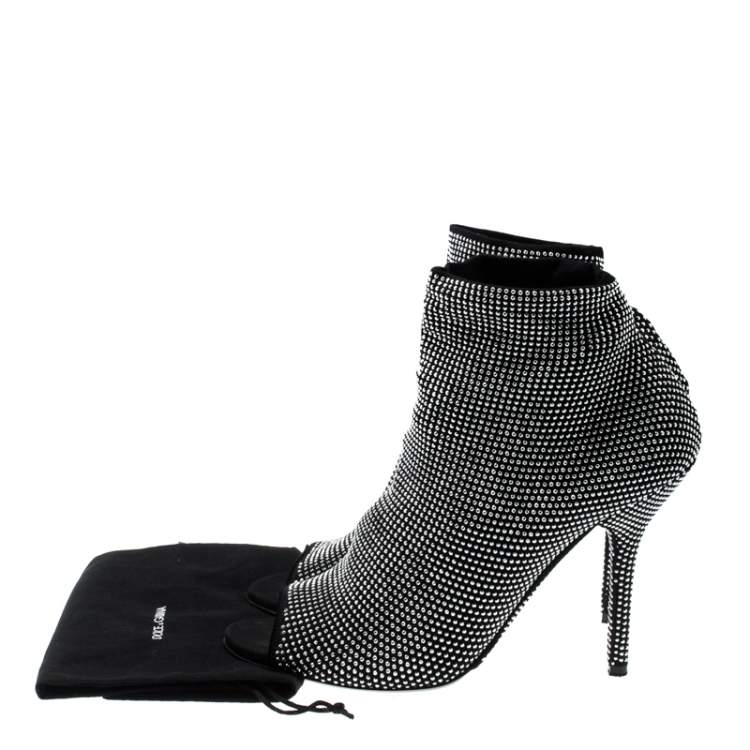 Pre Owned Dolce & Gabbana Black Fabric Embellished Open Toe Ankle Boots Size 39.5