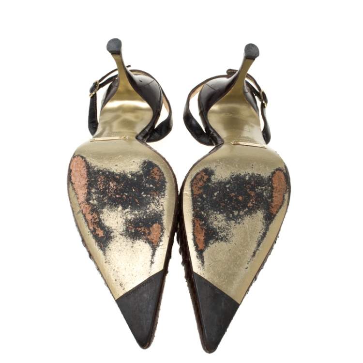 Pre Owned Dolce & Gabbana Brown Python Leather And Eel Skin Slingback Pointed Toe Pumps Size 38.5