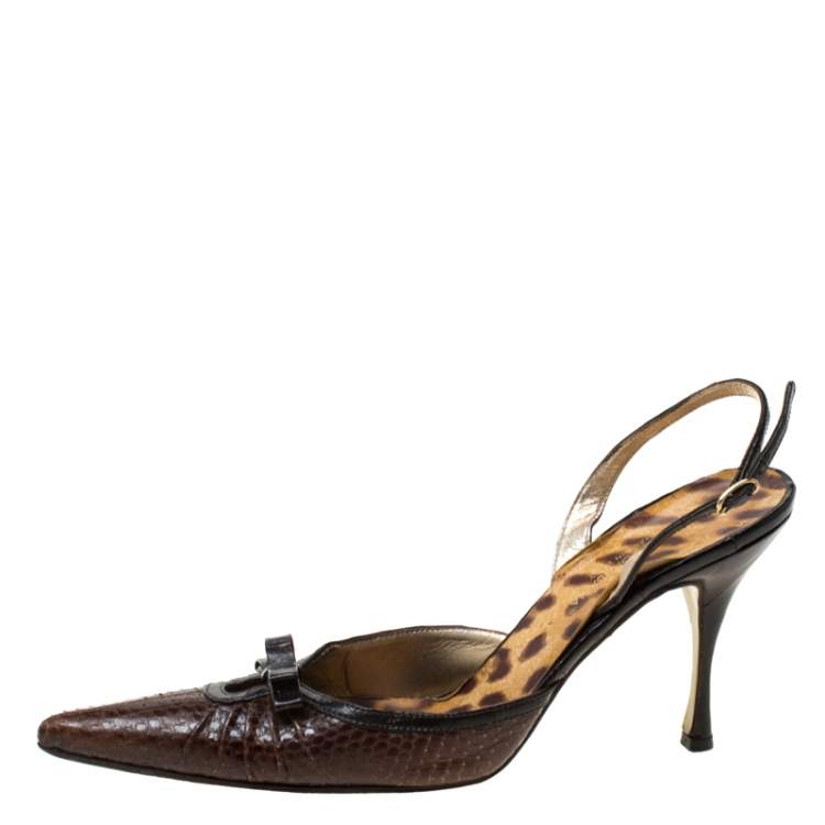 Pre Owned Dolce & Gabbana Brown Python Leather And Eel Skin Slingback Pointed Toe Pumps Size 38.5