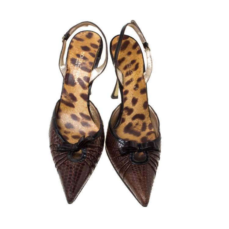 Pre Owned Dolce & Gabbana Brown Python Leather And Eel Skin Slingback Pointed Toe Pumps Size 38.5