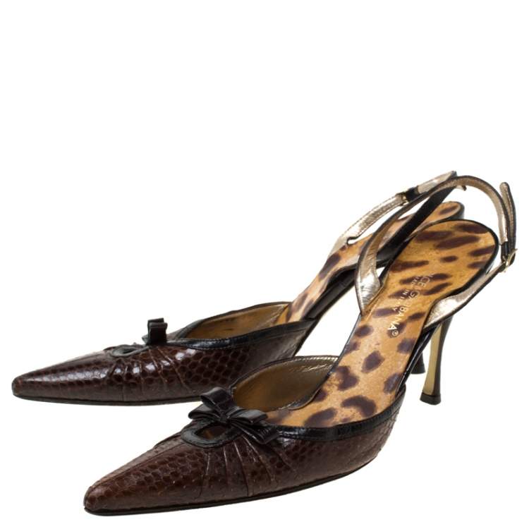 Pre Owned Dolce & Gabbana Brown Python Leather And Eel Skin Slingback Pointed Toe Pumps Size 38.5