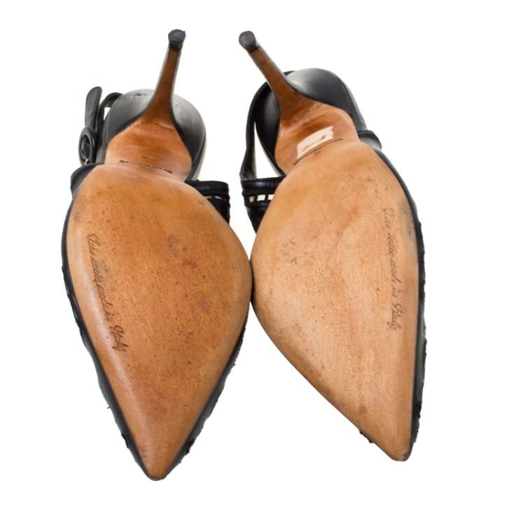Pre Owned Dolce & Gabbana Black Leather And Lace Anglaise Slingback Sandals Size 39