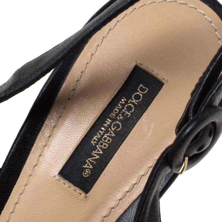 Pre Owned Dolce & Gabbana Black Leather And Lace Anglaise Slingback Sandals Size 39