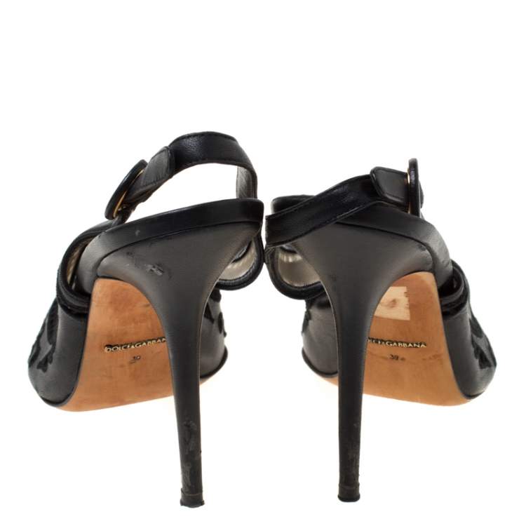 Pre Owned Dolce & Gabbana Black Leather And Lace Anglaise Slingback Sandals Size 39