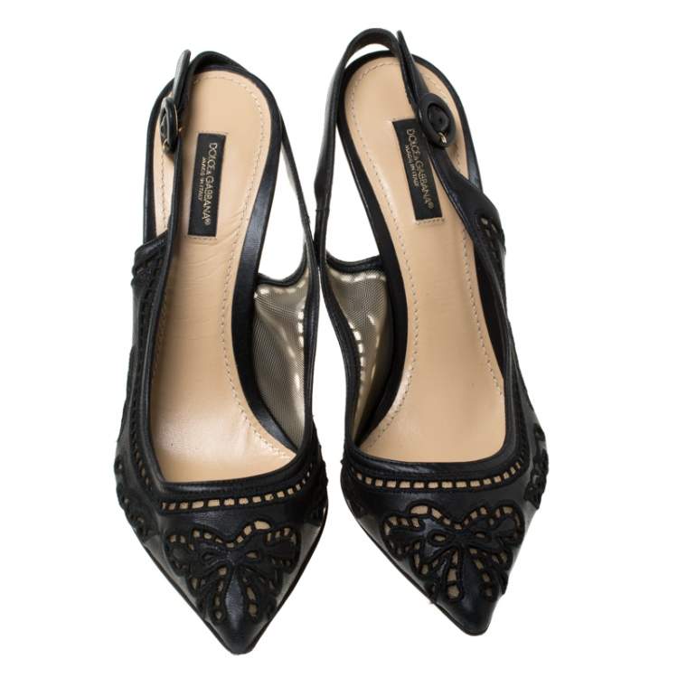 Pre Owned Dolce & Gabbana Black Leather And Lace Anglaise Slingback Sandals Size 39