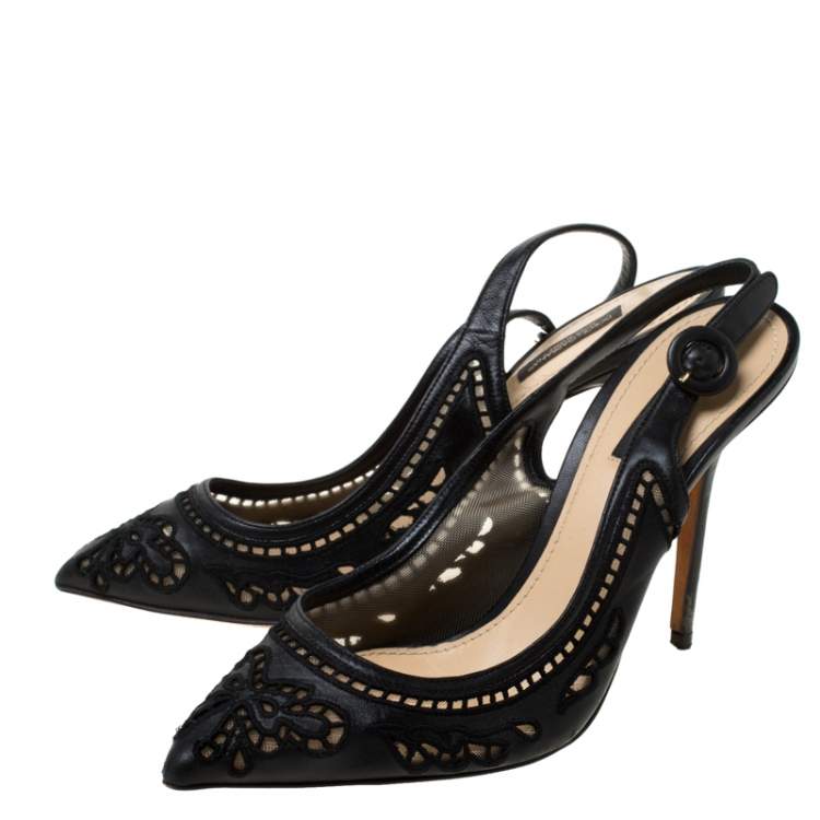 Pre Owned Dolce & Gabbana Black Leather And Lace Anglaise Slingback Sandals Size 39