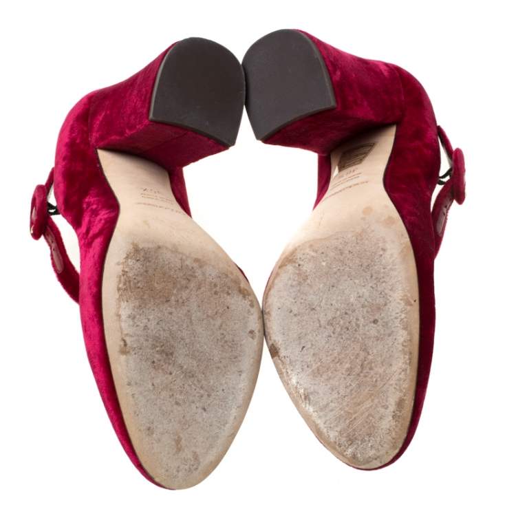 Pre Owned Dolce & Gabbana Burgundy Velvet Mary Jane Pumps Size 36.5