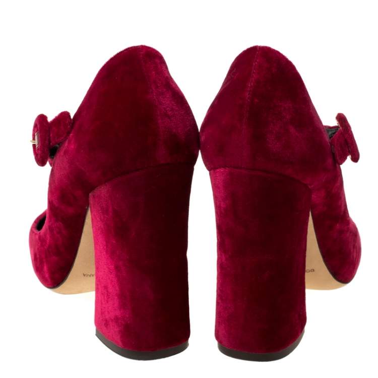 Pre Owned Dolce & Gabbana Burgundy Velvet Mary Jane Pumps Size 36.5
