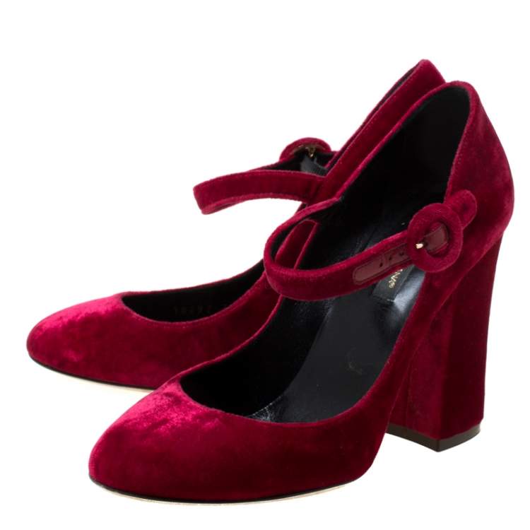 Pre Owned Dolce & Gabbana Burgundy Velvet Mary Jane Pumps Size 36.5