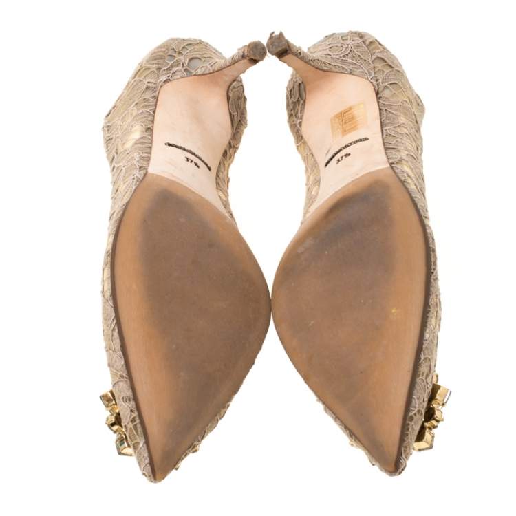 Pre Owned Dolce & Gabbana Beige Crystal Embellished Lace Bellucci Pointed Toe Pumps Size 37.5
