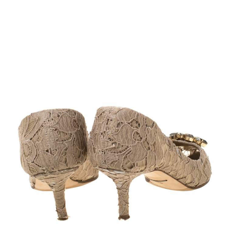 Pre Owned Dolce & Gabbana Beige Crystal Embellished Lace Bellucci Pointed Toe Pumps Size 37.5