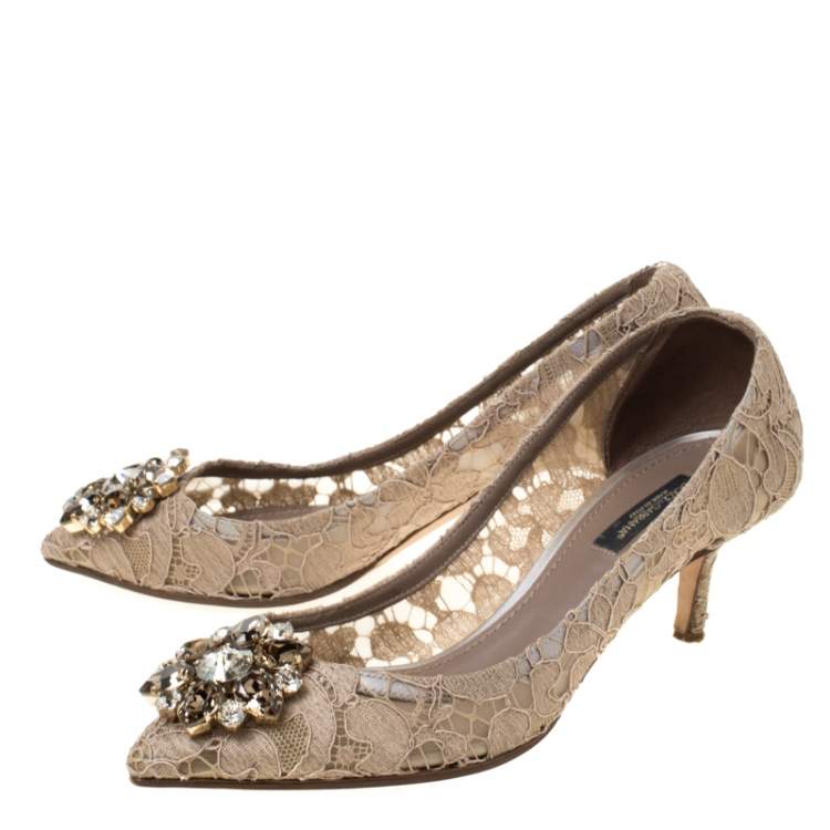 Pre Owned Dolce & Gabbana Beige Crystal Embellished Lace Bellucci Pointed Toe Pumps Size 37.5
