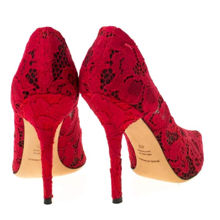 Pre Owned Dolce & Gabbana Red Lace Pointed Toe Pumps Size 40