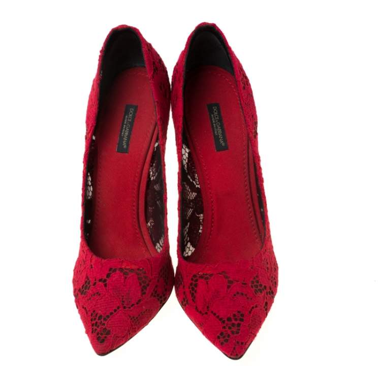 Pre Owned Dolce & Gabbana Red Lace Pointed Toe Pumps Size 40