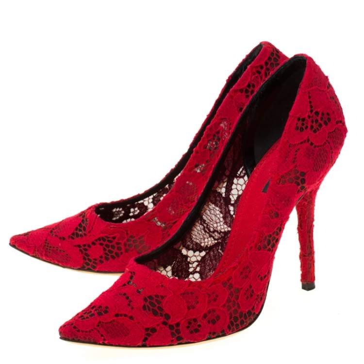 Pre Owned Dolce & Gabbana Red Lace Pointed Toe Pumps Size 40