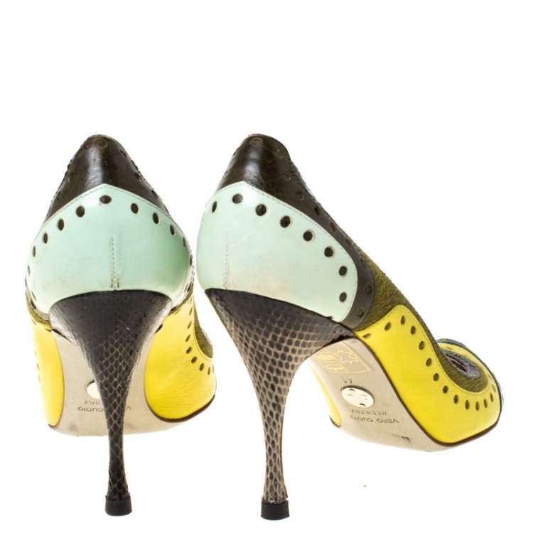 Pre Owned Dolce & Gabbana Multicolor Leather Python and Calfhair Trim Brogue Pumps Size 41