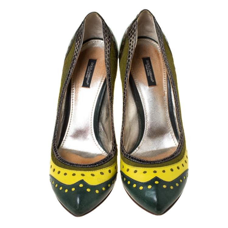 Pre Owned Dolce & Gabbana Multicolor Leather Python and Calfhair Trim Brogue Pumps Size 41