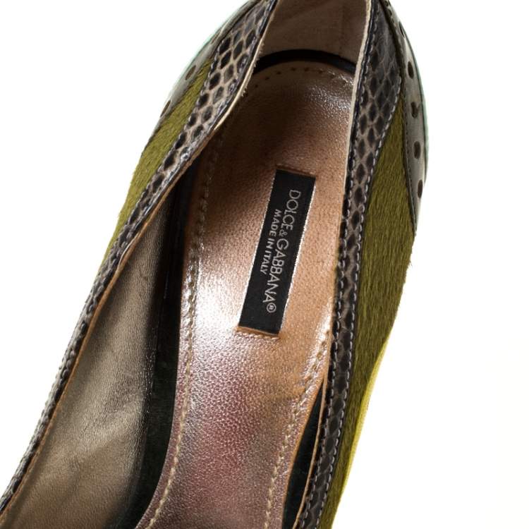 Pre Owned Dolce & Gabbana Multicolor Leather Python and Calfhair Trim Brogue Pumps Size 41
