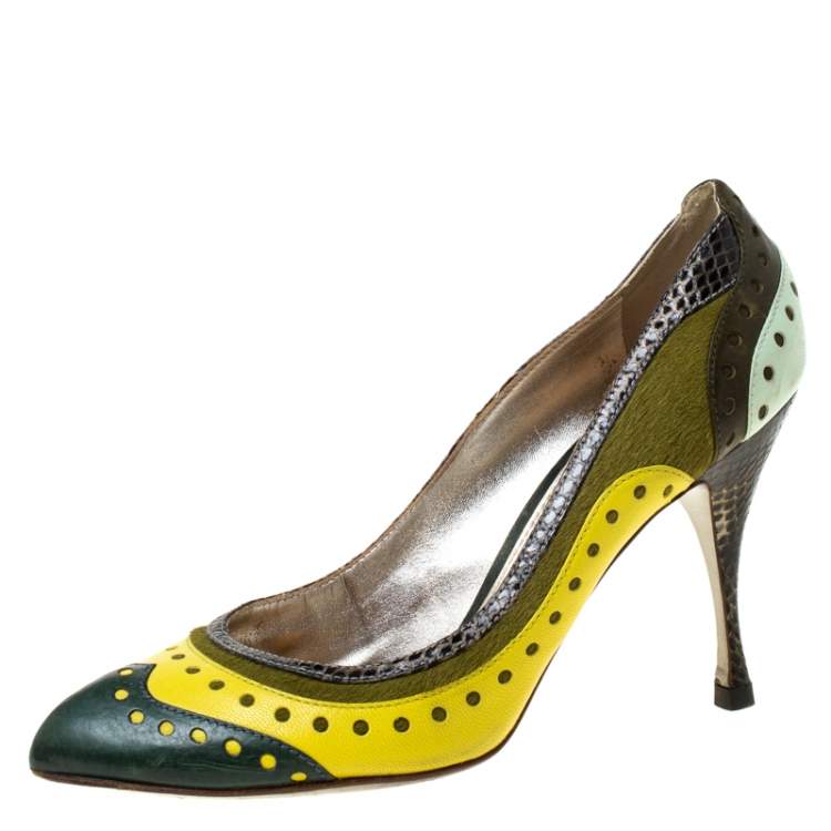 Pre Owned Dolce & Gabbana Multicolor Leather Python and Calfhair Trim Brogue Pumps Size 41