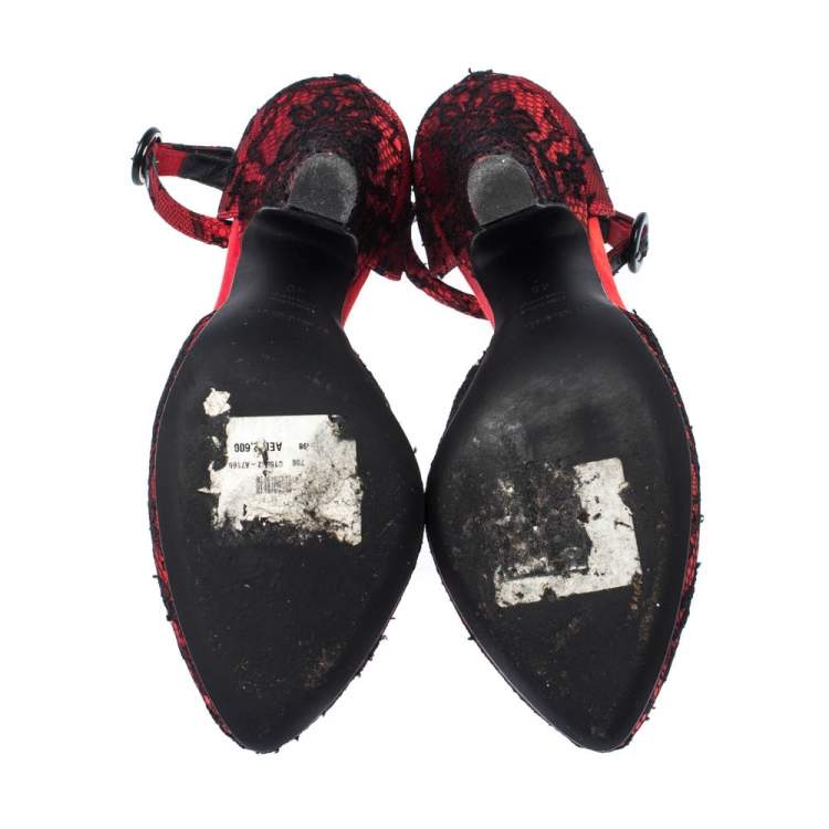 Pre Owned Dolce & Gabbana Red/Black Satin and Lace Ankle Strap D'orsay Pumps Size 40