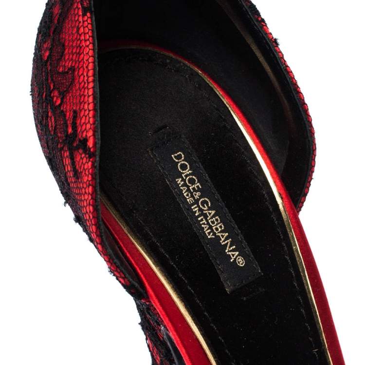 Pre Owned Dolce & Gabbana Red/Black Satin and Lace Ankle Strap D'orsay Pumps Size 40