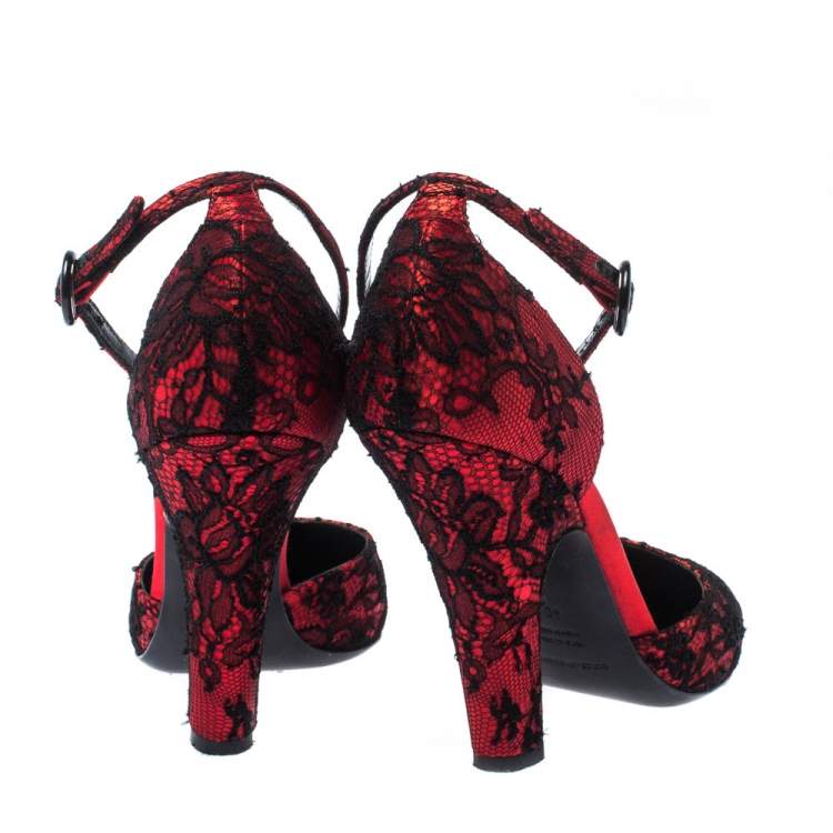 Pre Owned Dolce & Gabbana Red/Black Satin and Lace Ankle Strap D'orsay Pumps Size 40