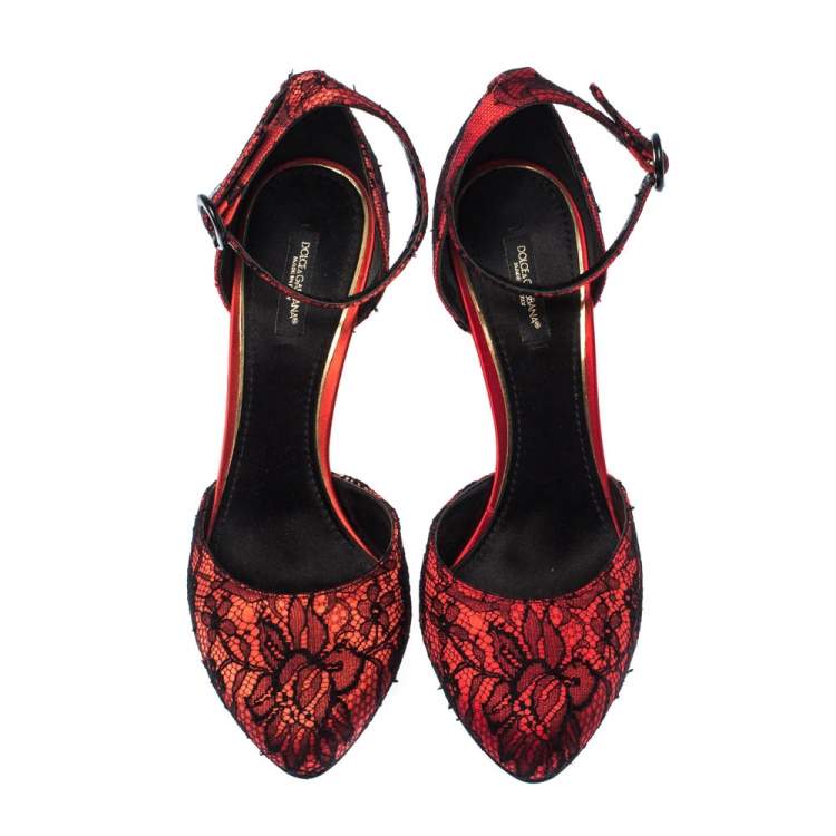 Pre Owned Dolce & Gabbana Red/Black Satin and Lace Ankle Strap D'orsay Pumps Size 40