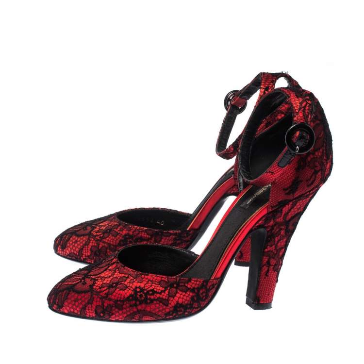 Pre Owned Dolce & Gabbana Red/Black Satin and Lace Ankle Strap D'orsay Pumps Size 40