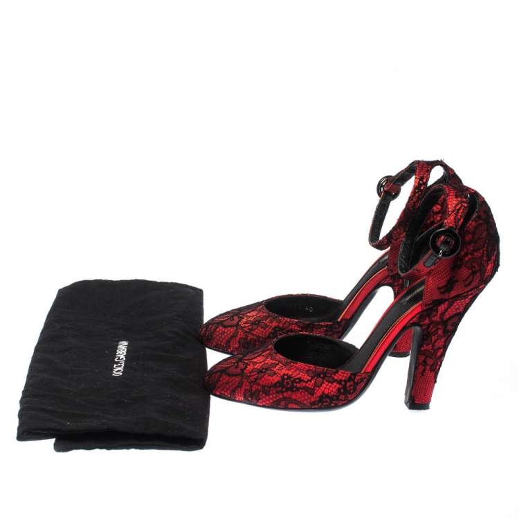 Pre Owned Dolce & Gabbana Red/Black Satin and Lace Ankle Strap D'orsay Pumps Size 40