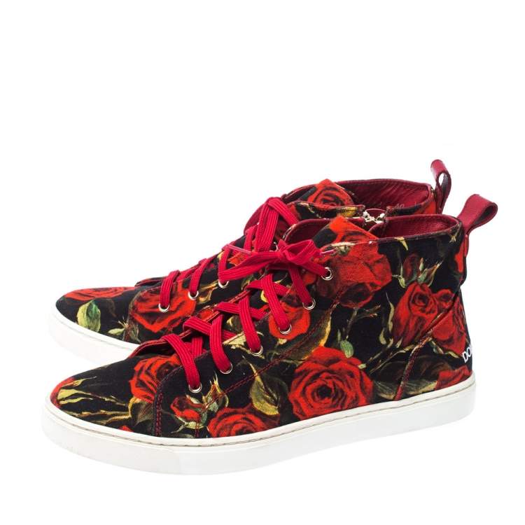 Pre Owned Dolce & Gabbana Red Floral Print Canvas High Top Sneakers Size 40