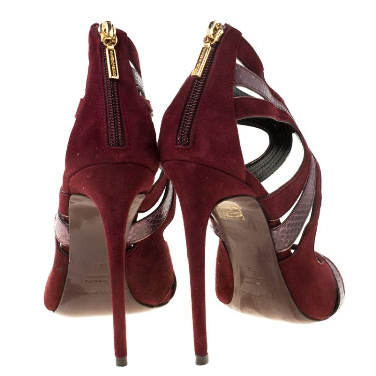 Pre Owned Dolce & Gabbana Burgundy Python Leather And Suede Cut Out Pumps Size 39