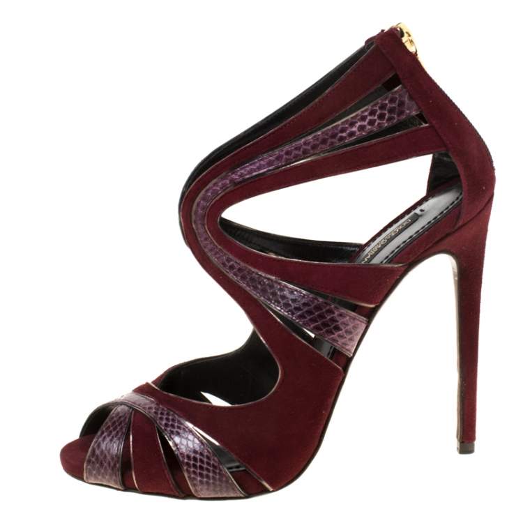 Pre Owned Dolce & Gabbana Burgundy Python Leather And Suede Cut Out Pumps Size 39