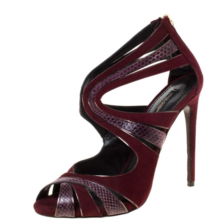 Pre Owned Dolce & Gabbana Burgundy Python Leather And Suede Cut Out Pumps Size 39