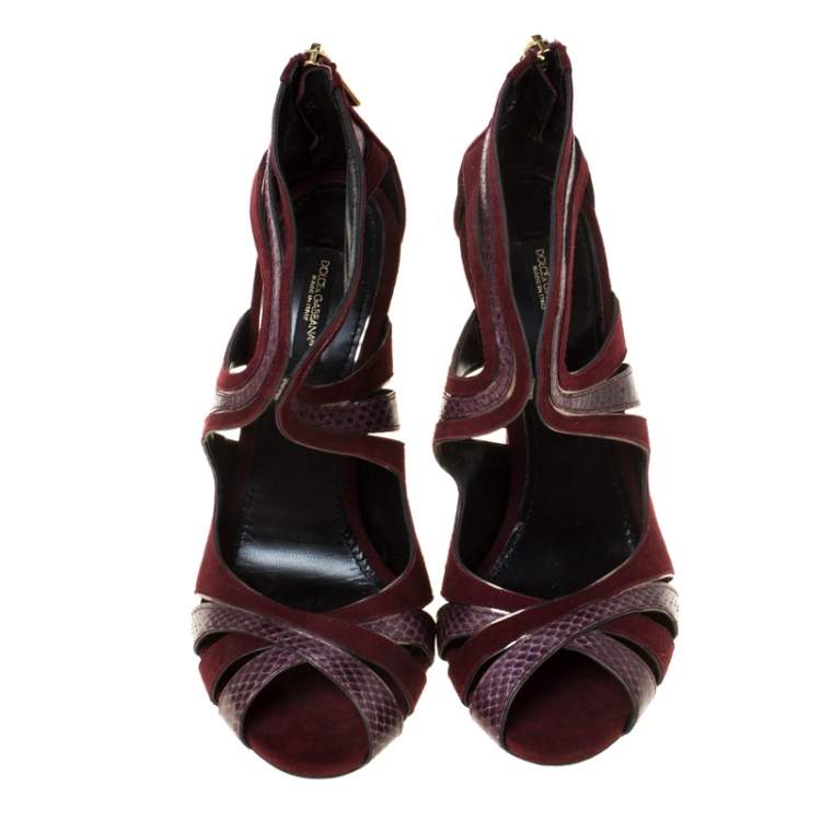 Pre Owned Dolce & Gabbana Burgundy Python Leather And Suede Cut Out Pumps Size 39