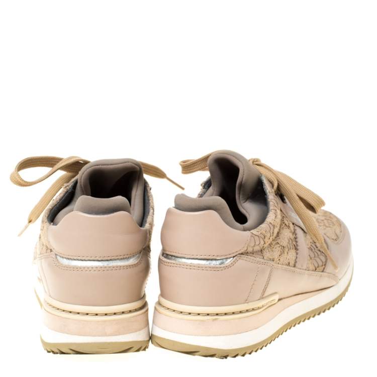 Pre Owned Dolce & Gabbana Beige Lace And Leather Lace Up Sneakers Size 35