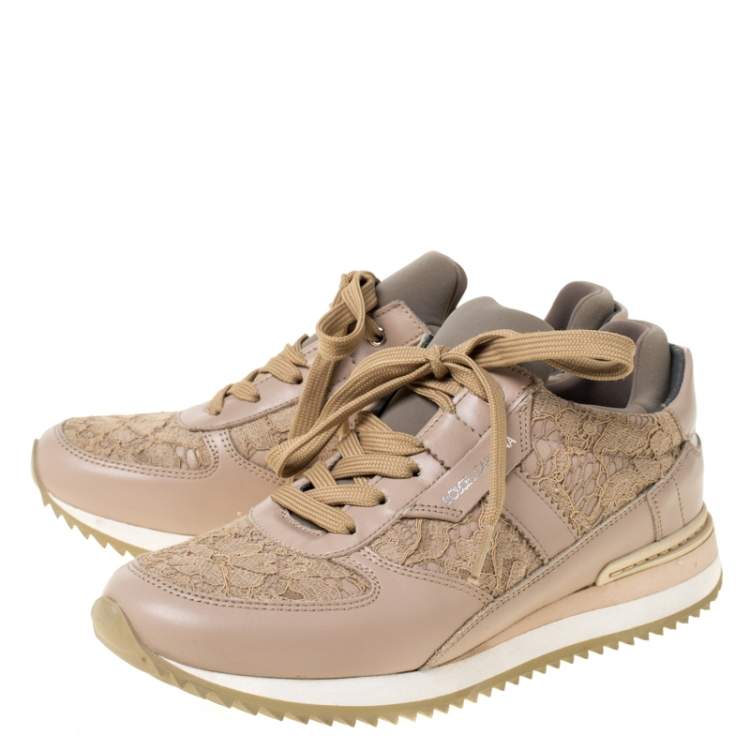Pre Owned Dolce & Gabbana Beige Lace And Leather Lace Up Sneakers Size 35