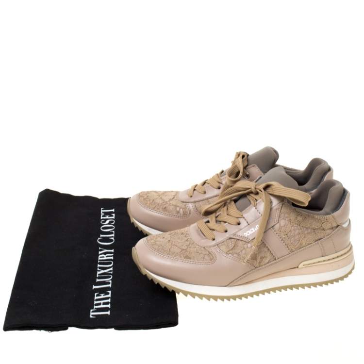 Pre Owned Dolce & Gabbana Beige Lace And Leather Lace Up Sneakers Size 35