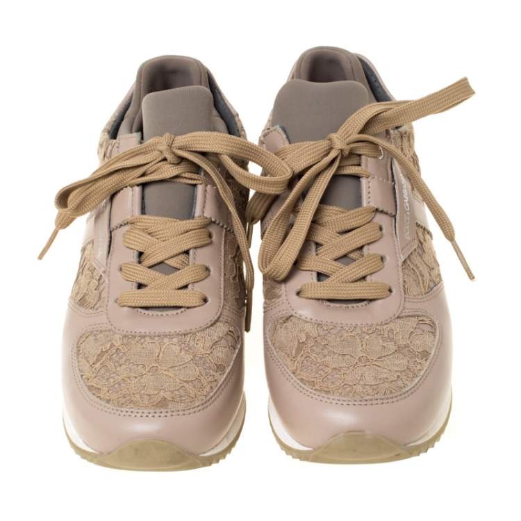 Pre Owned Dolce & Gabbana Beige Lace And Leather Lace Up Sneakers Size 35