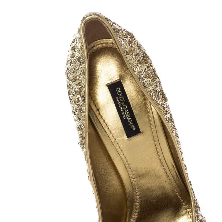 Pre Owned Dolce & Gabbana Metallic Gold Sequin Crystal Studded Heel Pumps Size 40