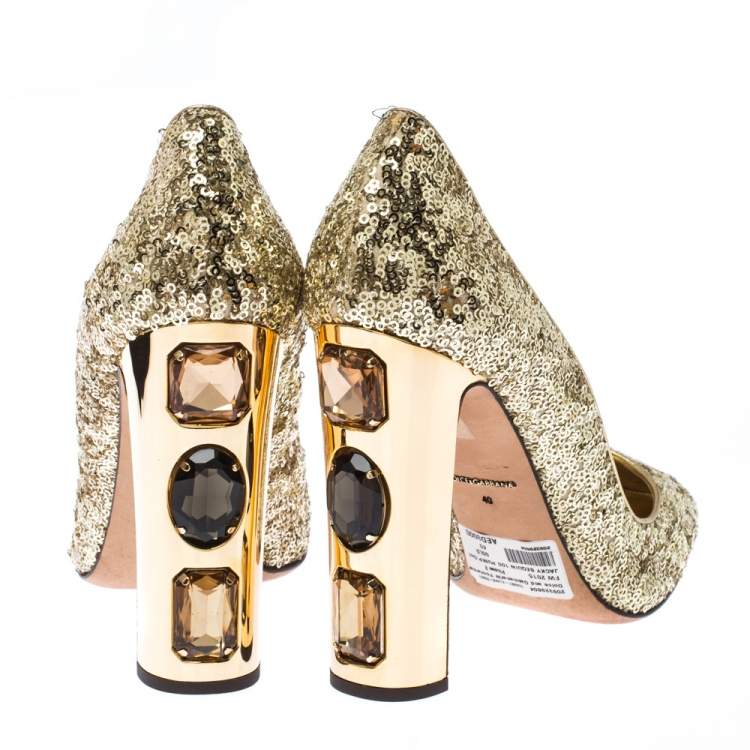 Pre Owned Dolce & Gabbana Metallic Gold Sequin Crystal Studded Heel Pumps Size 40