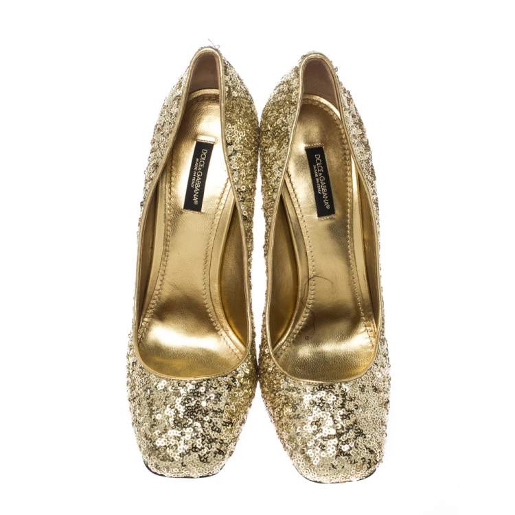 Pre Owned Dolce & Gabbana Metallic Gold Sequin Crystal Studded Heel Pumps Size 40