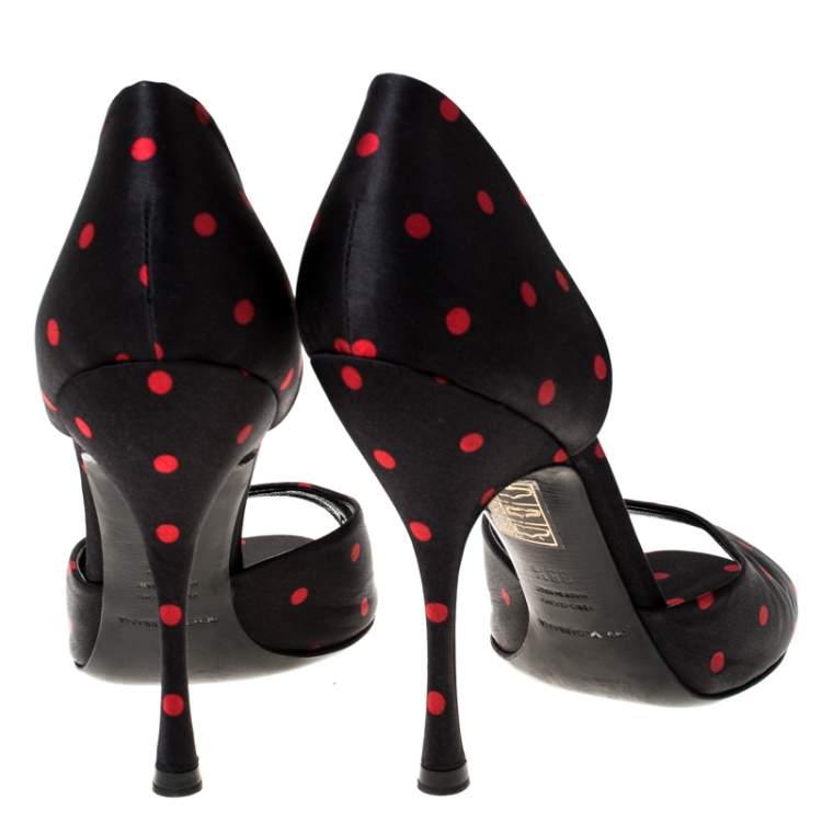 Pre Owned Dolce & Gabbana Black Satin Polka Dot Open Toe Pumps Size 38.5