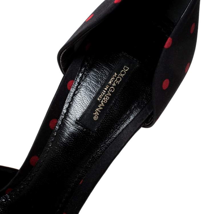 Pre Owned Dolce & Gabbana Black Satin Polka Dot Open Toe Pumps Size 38.5