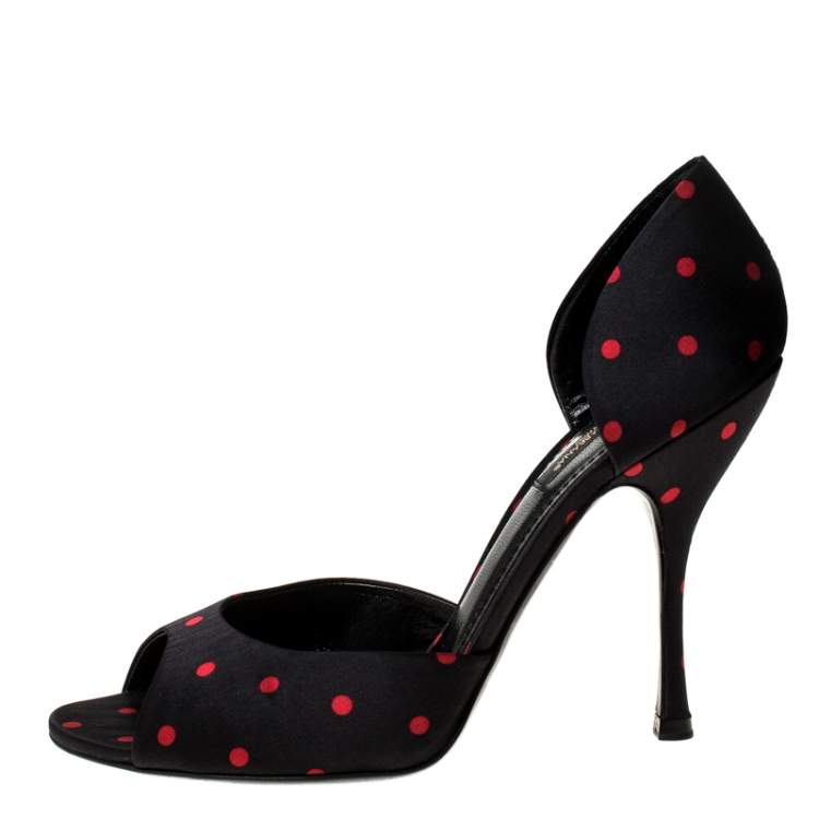 Pre Owned Dolce & Gabbana Black Satin Polka Dot Open Toe Pumps Size 38.5
